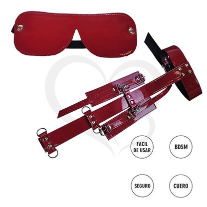 Kit de ecocuero rojo inmobilizador con esposas y antifaz